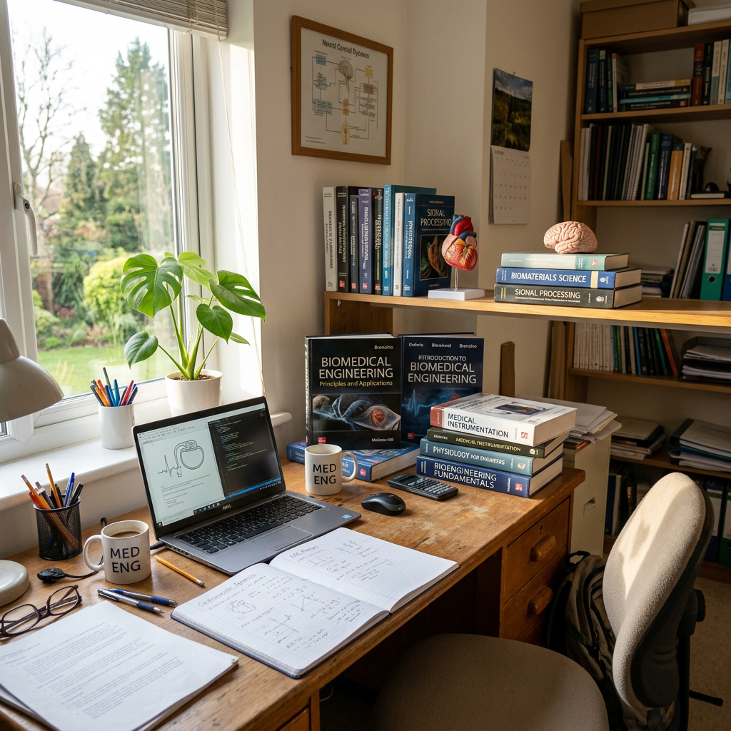 Study desk with biomedical engineering books, open laptop, handwritten notes, and anatomical models